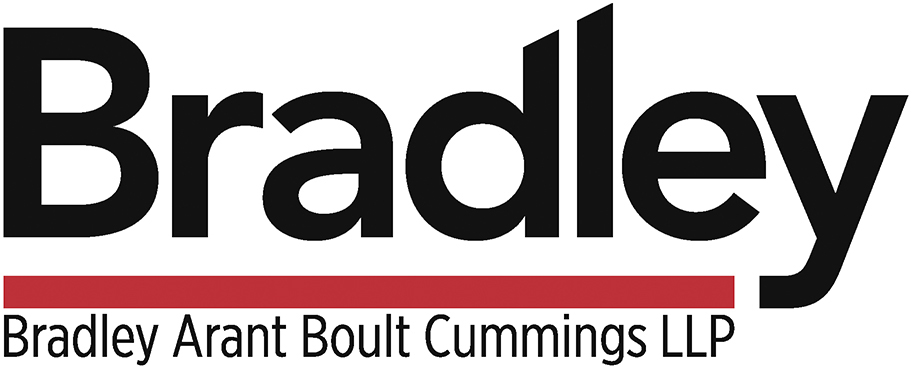 The image displays the logo of bradley arant boult cummings llp, featuring the name "bradley" prominently in large black font on the upper part, with a red horizontal line beneath it. below the line, in smaller black font, the full name "bradley arant boult cummings llp" is presented.