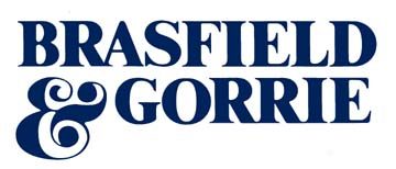 Blue and white logo of brasfield & gorrie featuring an ampersand with flourishes.