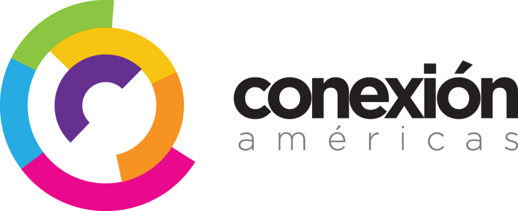 Colorful logo of "conexión américas" featuring a multicolored circular design with an abstract letter "c" at the center.