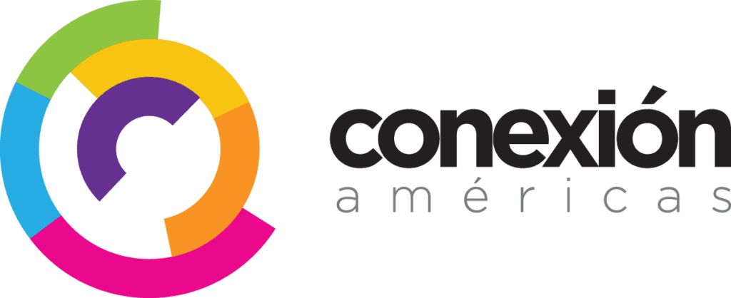 Colorful logo of "conexión américas" featuring a multicolored circular design with an abstract letter "c" at the center.