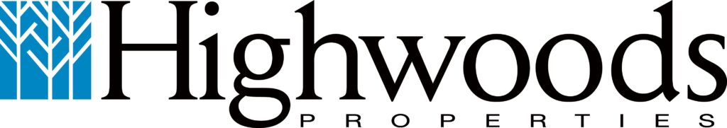 The image shows the logo of highwoods properties, featuring a stylized 'h' in blue with tree-like patterns, followed by the company name in modern black lettering.