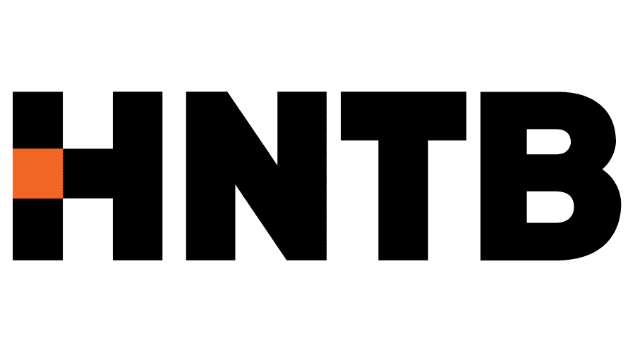 The image displays a logo consisting of the letters "hntb" in bold, black font with a distinctive orange accent on the first vertical bar of the letter "n.