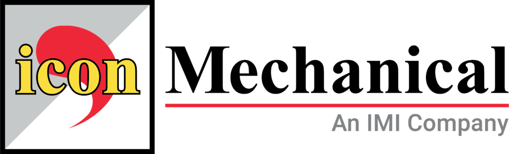 The image displays the logo for "icon mechanical," which is an imi company. the logo comprises a graphic element that includes a stylized red and yellow orb behind a grey arc on a black outlined white square. to the right, the word "mechanical" is prominently featured in black bold lettering, and below it, there's a red line with the text "an imi company" in smaller black letters.