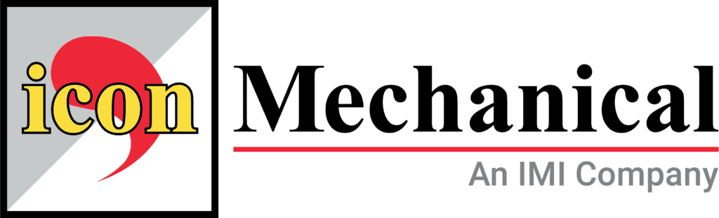 The image displays the logo for "icon mechanical," which is an imi company. the logo comprises a graphic element that includes a stylized red and yellow orb behind a grey arc on a black outlined white square. to the right, the word "mechanical" is prominently featured in black bold lettering, and below it, there's a red line with the text "an imi company" in smaller black letters.