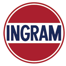 The image shows a circular logo with a red and white color scheme and the word "ingram" prominently displayed in the center. the design features horizontal stripes and a blue section that separates the word into two parts, with "ing" on the top and "ram" on the bottom.