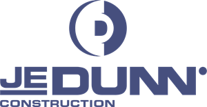 The image displays the logo of je dunn construction, which features a stylized 'd' symbol inside a circle followed by the company's name in bold, capitalized font.