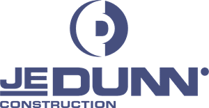 The image displays the logo of je dunn construction, which features a stylized 'd' symbol inside a circle followed by the company's name in bold, capitalized font.