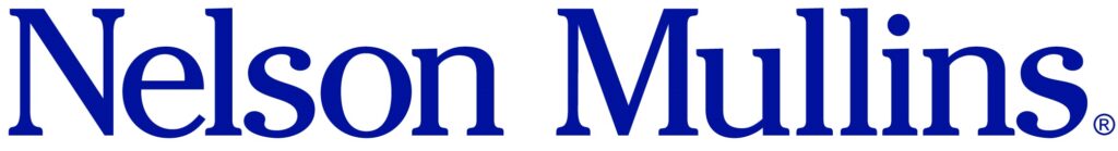 Blue logo of "nelson mullins", likely representing a company or a brand.