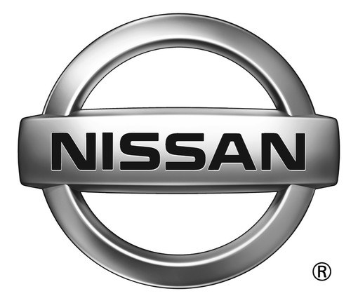 Silver nissan logo with a circular emblem and bold lettering against a white background.