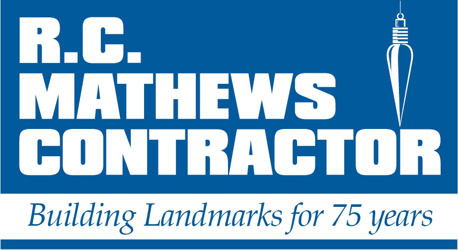 Logo of r.c. mathews contractor featuring a graphic of a building spire with the tagline "building landmarks for 75 years" against a blue background.