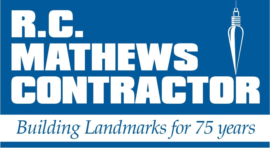 Logo of r.c. mathews contractor featuring a graphic of a building spire with the tagline "building landmarks for 75 years" against a blue background.