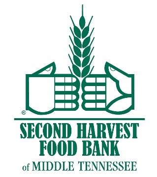 Logo of second harvest food bank of middle tennessee featuring an illustrated ear of corn flanked by two stylized baskets of food.