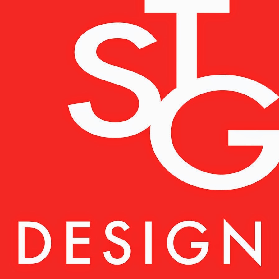 Bold white text reading "stg" with "design" underneath, all set against a vibrant red background, creating a strong, graphic visual identity.