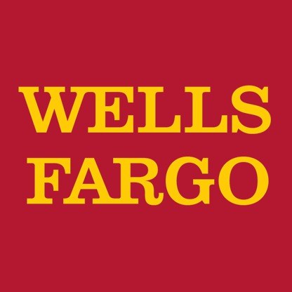 The image displays the logo of wells fargo, which consists of the company's name in bold, capitalized white letters on a solid red background.