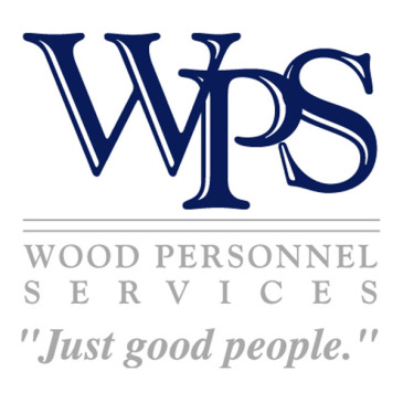 The image displays the logo of wood personnel services, which is stylized as "wps," with the company's name and slogan "just good people." below it. the logo uses a combination of serif and sans-serif typography, with a dominant deep blue color.