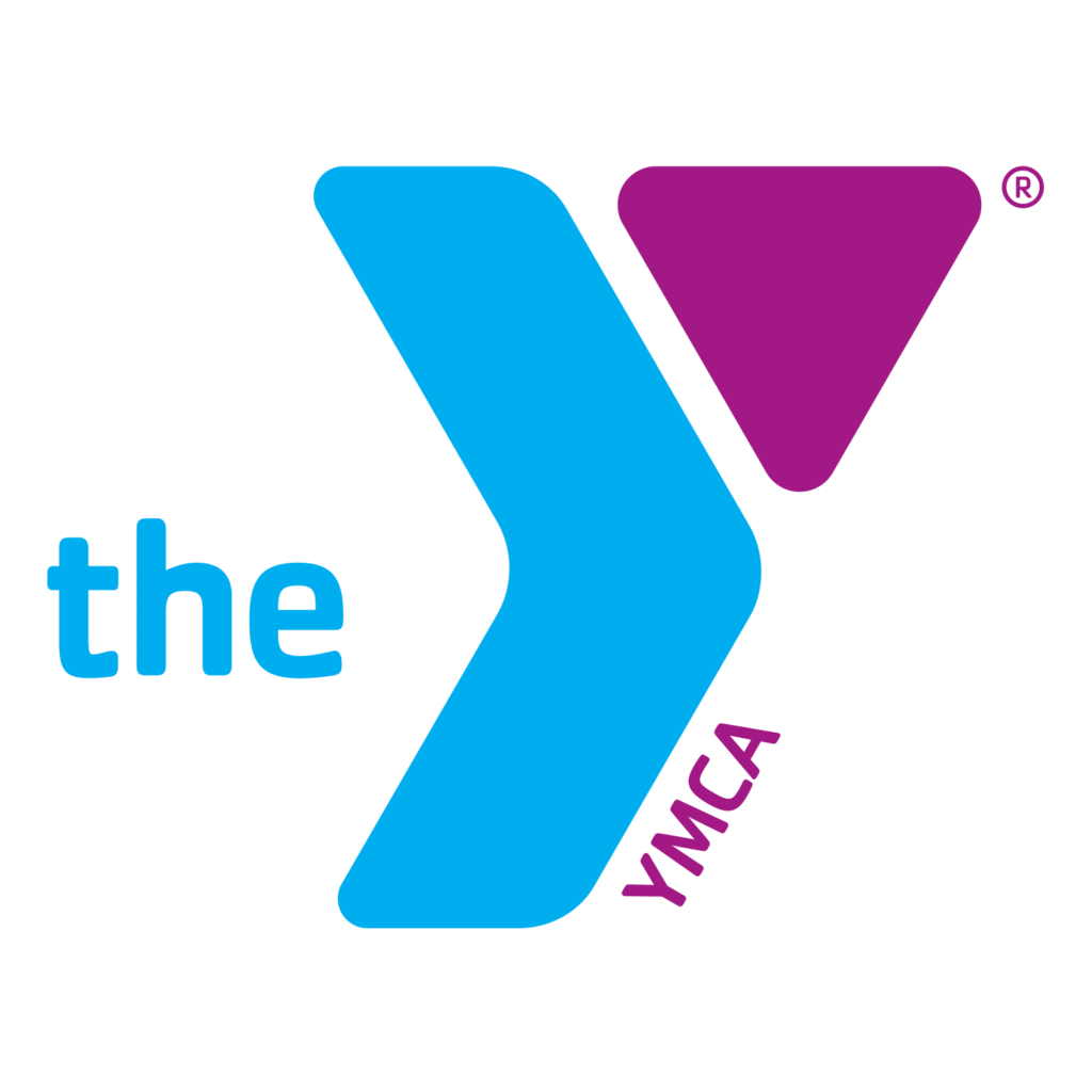 A logo featuring the letters "ymca" with a large blue y and a smaller magenta triangle above the phrase "the".