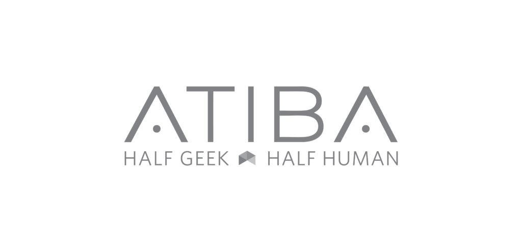 Atiba - half geek, half human brand logo.