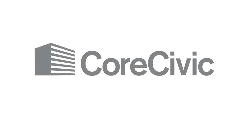 The image displays the logo of corecivic, which features a stylized building icon next to the company name in a clean, modern font.