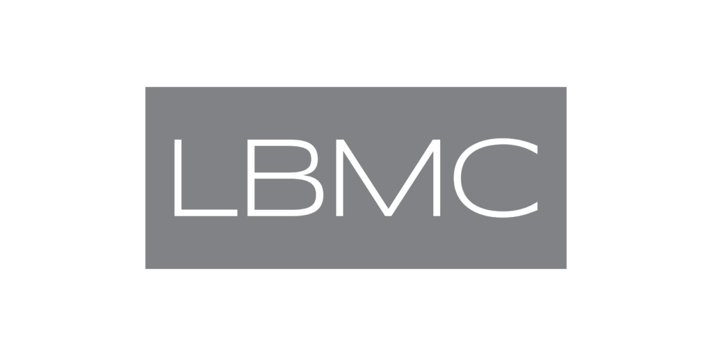 The image displays a simple logo or monogram consisting of the letters "lbmc" in bold white font set against a rectangular gray background.