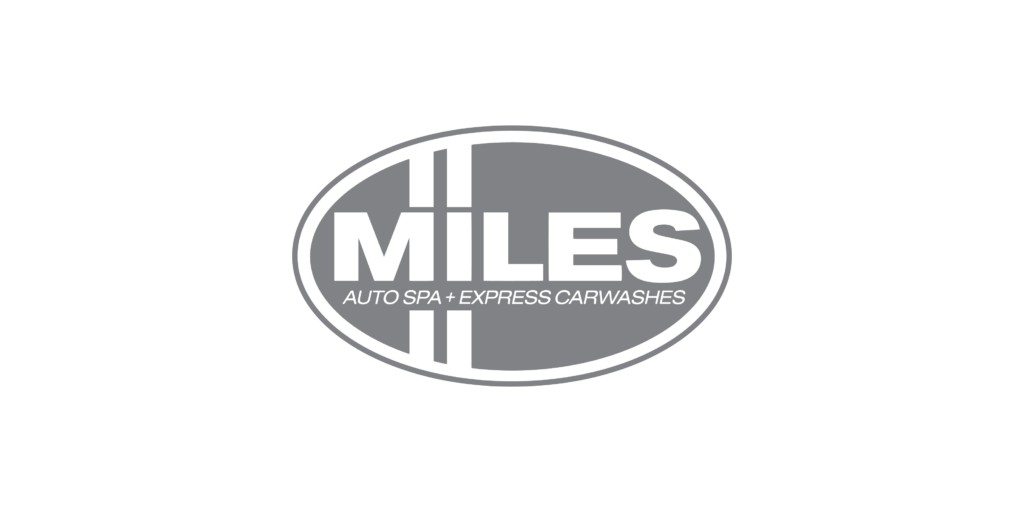 Logo of miles auto spa and express carwashes, featuring bold lettering and graphic elements that suggest cleanliness and automotive care.
