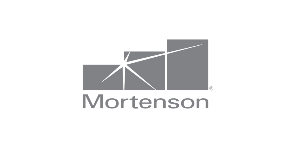 The image displays the logo of mortenson, featuring a stylized depiction of what appears to be a bar graph or buildings with a line ascending through them, conveying a sense of growth or progress, alongside the word "mortenson.