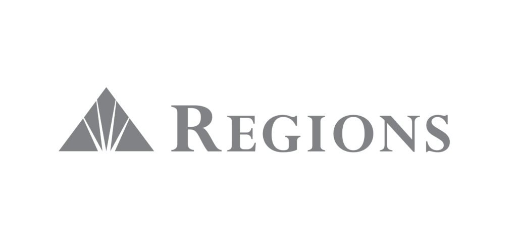 The image shows the logo of regions financial corporation, featuring a symbolic graphical element that resembles an abstract triangle or pyramid composed of three peaked shapes, next to the word "regions" in a serif font. the color palette is monochromatic.
