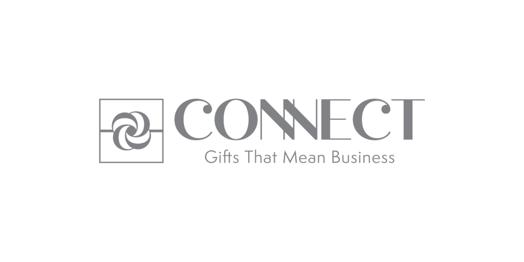 A sleek company logo for "connect" with the tagline "gifts that mean business", featuring an incorporated abstract design that suggests connection or networking.