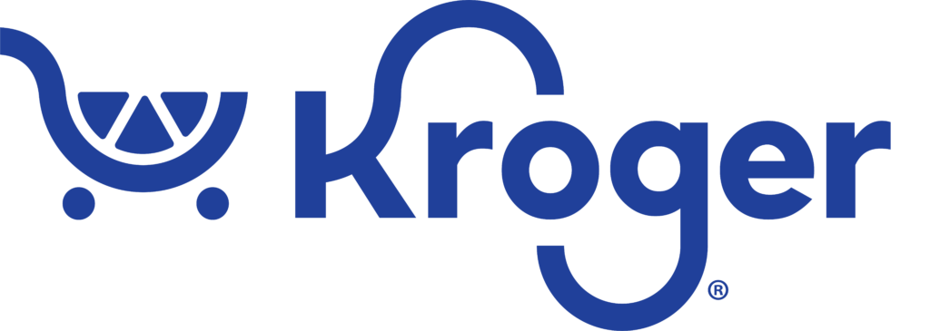 The image shows the logo of kroger, which is presented in blue and consists of the word "kroger" with a stylized letter 'k' that incorporates a smiling face with a loop that resembles a shopping cart.