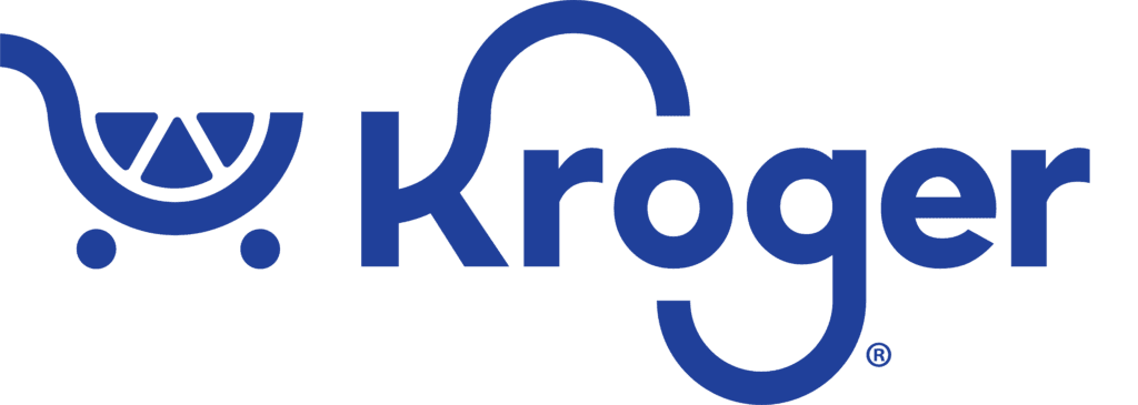 The image shows the logo of kroger, which is presented in blue and consists of the word "kroger" with a stylized letter 'k' that incorporates a smiling face with a loop that resembles a shopping cart.