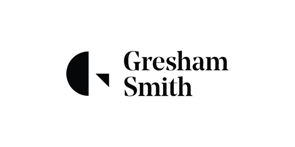 The image shows a logo with the text "gresham smith" in a stylized font. the logo features a graphical element that resembles a left-pointing arrow or chevron on the left side. the overall design is monochromatic.
