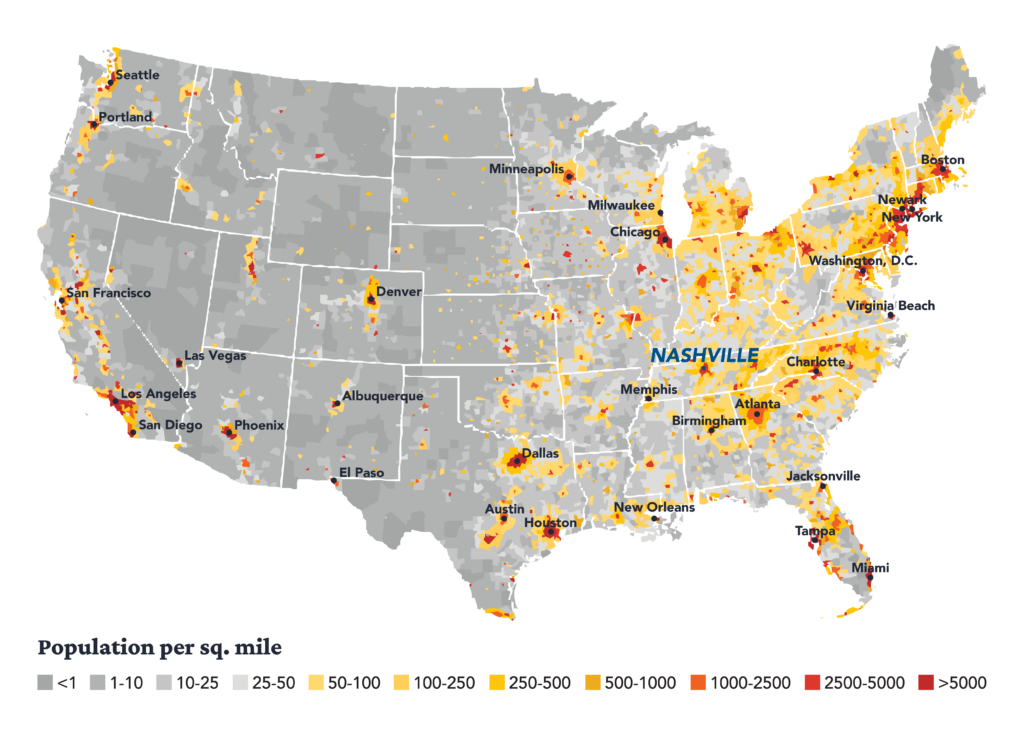 Map of the united states displaying population density per square mile, with color-coded areas indicating the varying levels of density ranging from low (1-10) to high (over 5000), highlighting major cities and urban areas.