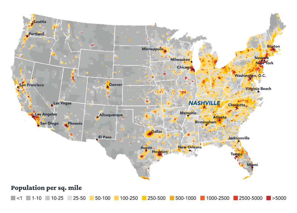 Map of the united states displaying population density per square mile, with color-coded areas indicating the varying levels of density ranging from low (1-10) to high (over 5000), highlighting major cities and urban areas.