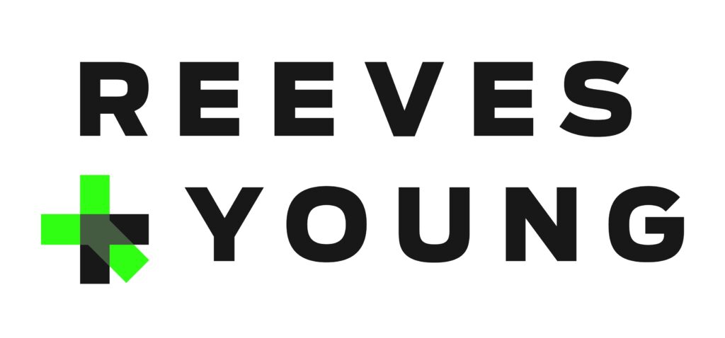 Reeves young logo - bold text with a stylized green plus sign and arrow.