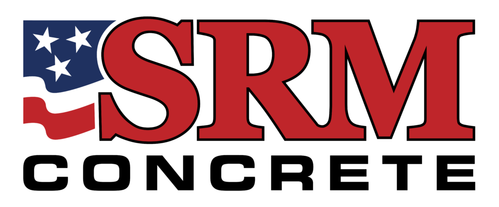 The image shows a logo of "srm concrete," featuring bold red letters with a blue starred graphic resembling part of the american flag on the top left, implying a patriotic theme tied to the brand.