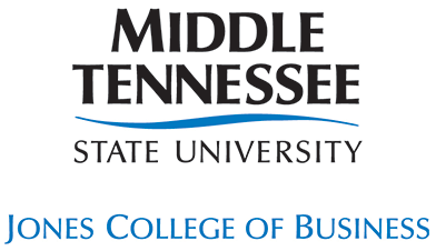 The image shows the logo of middle tennessee state university with a specific focus on the jones college of business, featuring a blue wave graphic element between the university's name and the college's name.